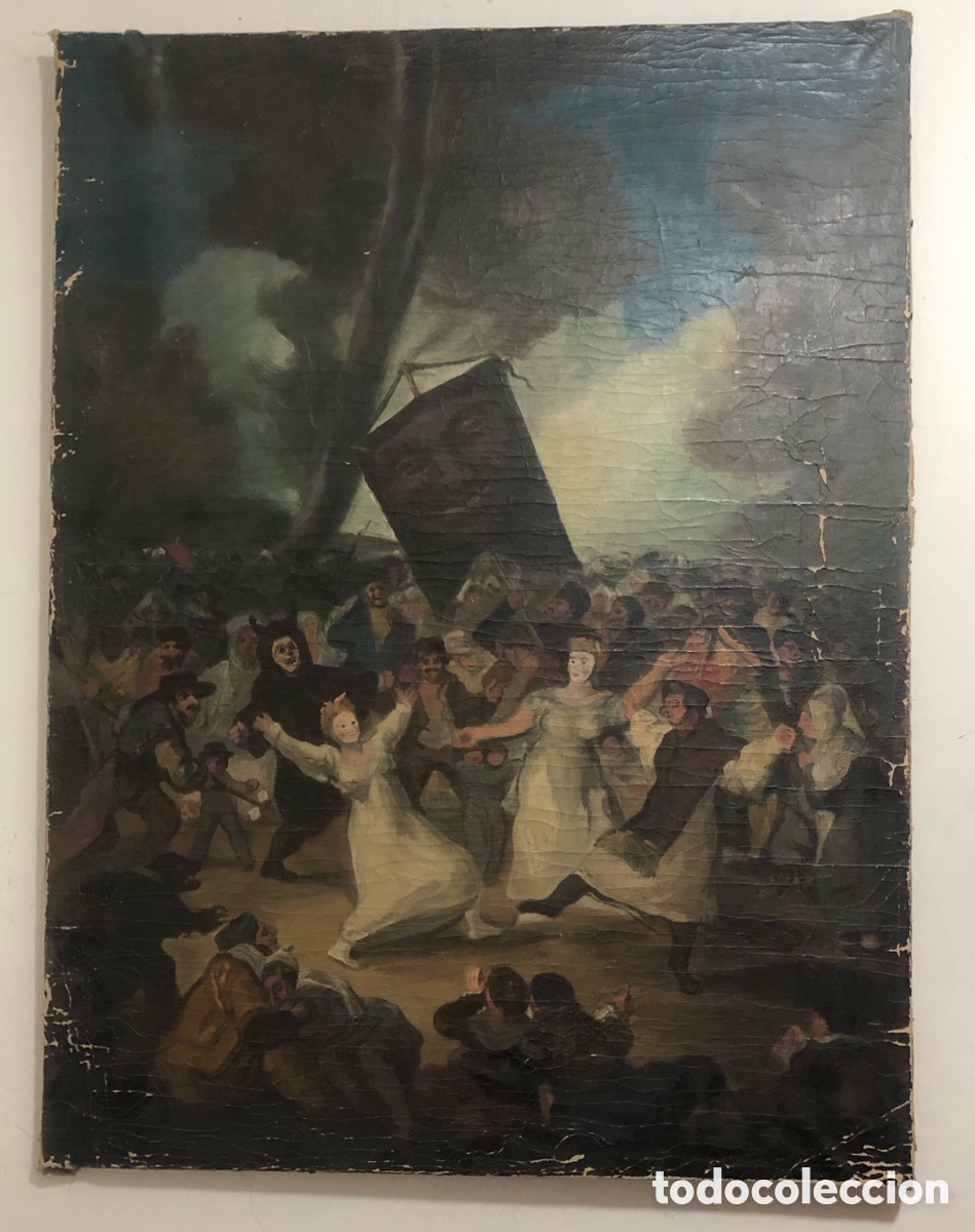 Arte: Oleo sobre lienzo antiguo /El entierro de la sardina.
