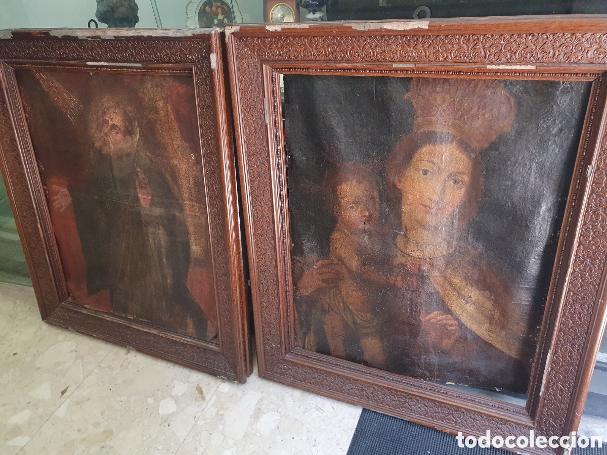 Arte: Pareja de &oacute;leos religiosos s. XVIII. S. Francisco y Virgen con ni&ntilde;o