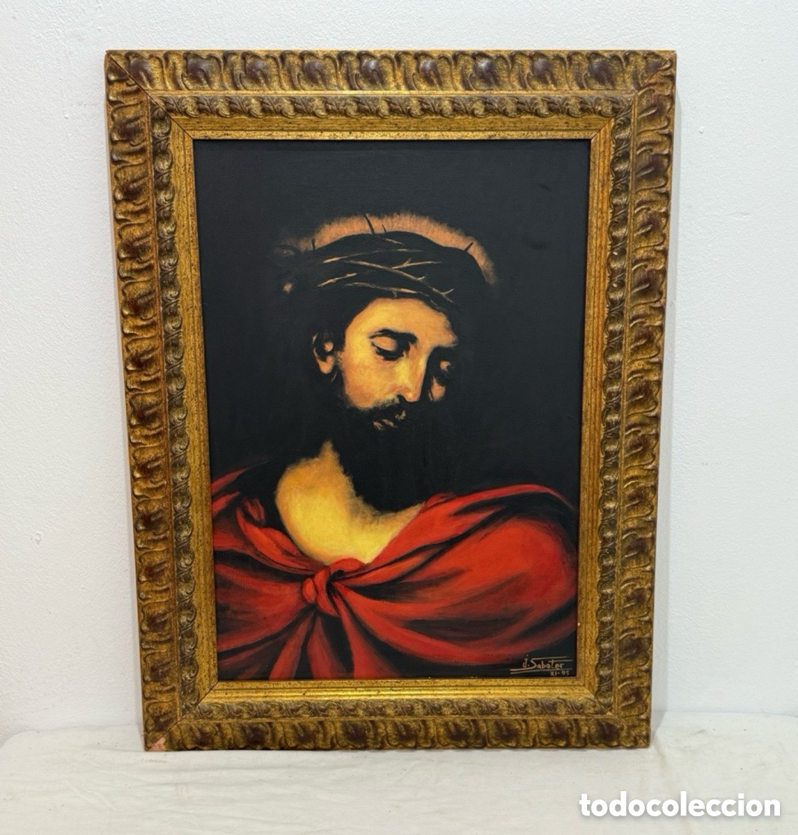 Arte: &Oacute;leo sobre lienzo Cristo Ecce Homo firmado J. Sabater 1995 marco dorado 86x65 cm