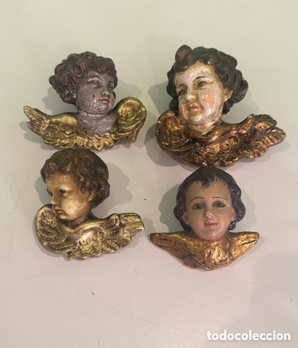 Arte: Lote 4 querubines &aacute;ngeles ornamentales policromados y dorados finales siglo XIX/XX.
