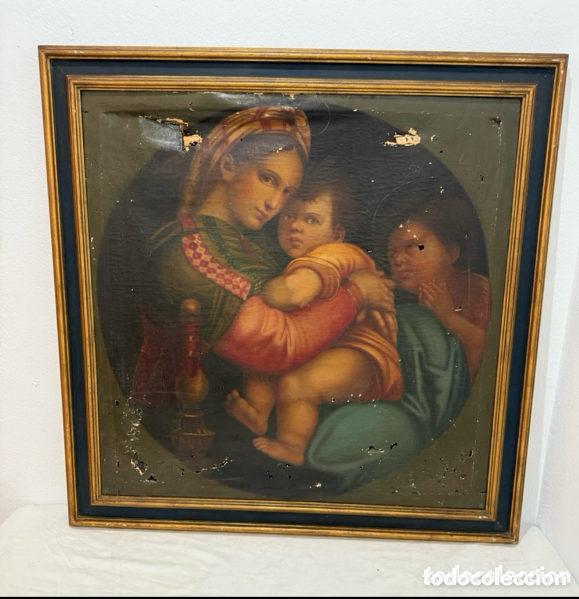 Arte: Virgen con Ni&ntilde;o y San Juanito siglo XIX &oacute;leo sobre lienzo marco original &eacute;poca para restaurar