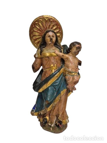 Arte: Virgen con el Ni&ntilde;o Jes&uacute;s - Antigua Talla de Madera Policromada - Escuela Espa&ntilde;ola - S. XVIII