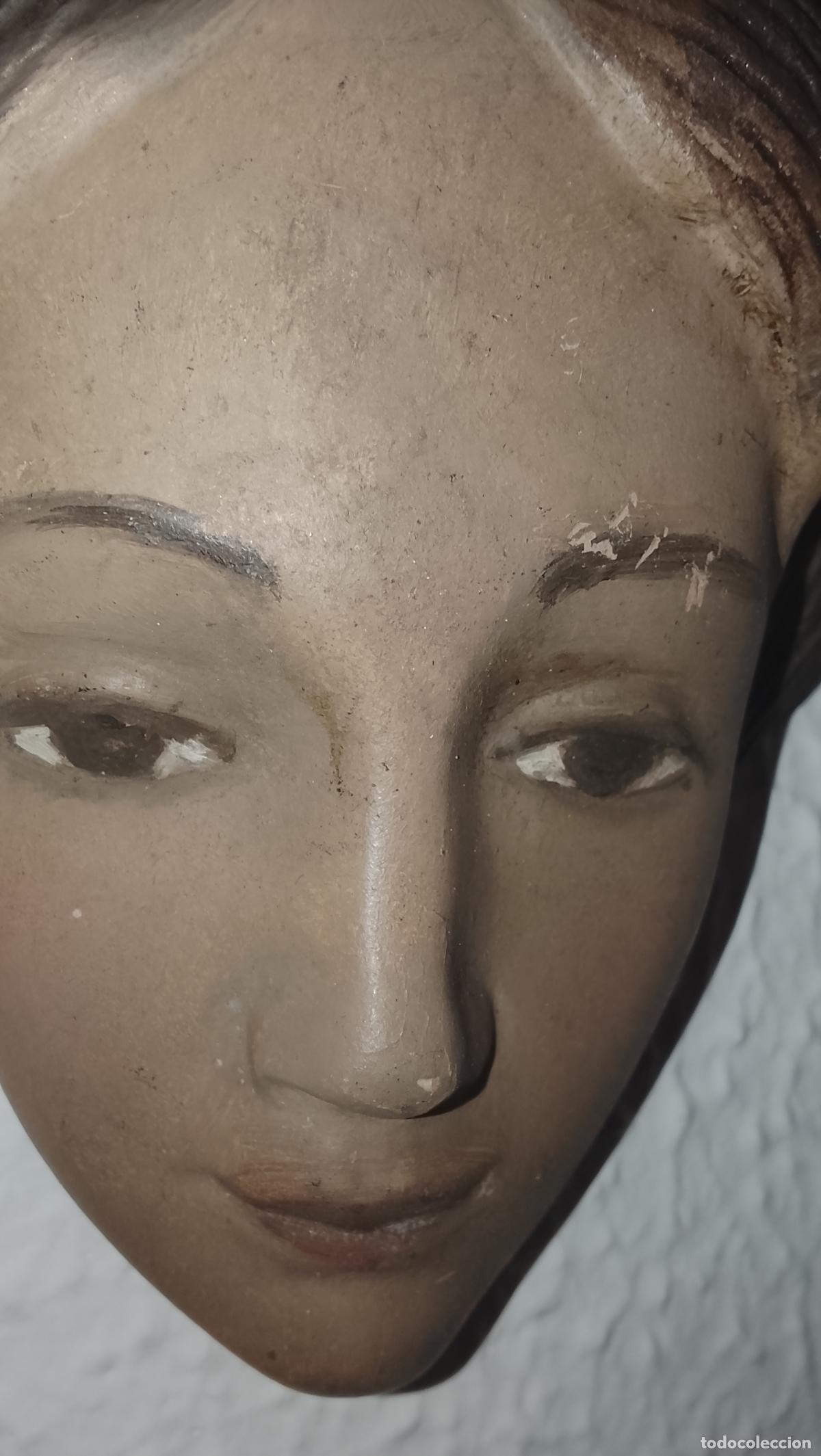 Arte: GRAN MASCARILLA MADERA ROSTRO CABEZA CARA VIRGEN CAPIPOTA ANTIGUA 15,5 CM TALLADA A MANO POLICROMADA