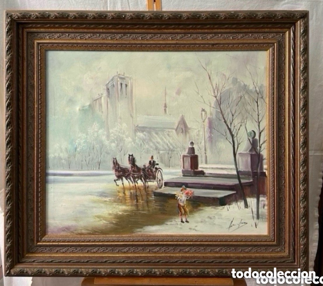 Arte: &Oacute;leo sobre lienzo escena urbana nevada carruaje firmado enmarcado siglo XX