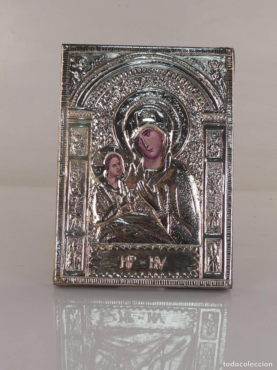 Arte: ICONO DE MADERA Y PLATA REPUJADA IMAGEN DE VIRGEN CON EL NI&Ntilde;O