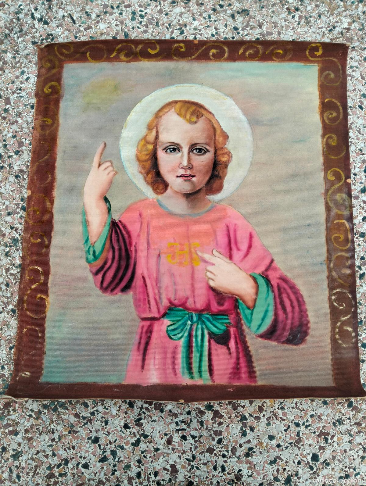Arte: Cuadro de tela tapiz religioso pintado a mano antiguo coraz&oacute;n la devoci&oacute;n del ni&ntilde;o Jes&uacute;s JHS a&ntilde;os 40