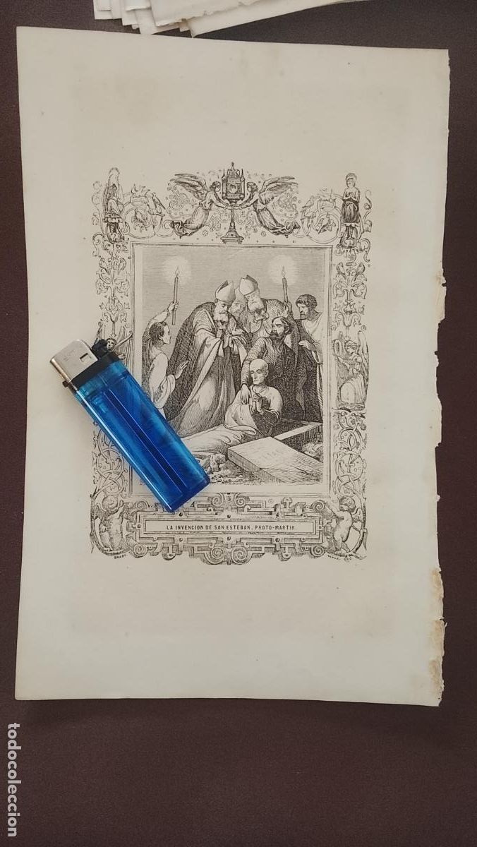 Arte: plancha Grabado LITOGRAFICO religioso del a&ntilde;o 1849 - invenci&oacute;n de San Esteban proto martir