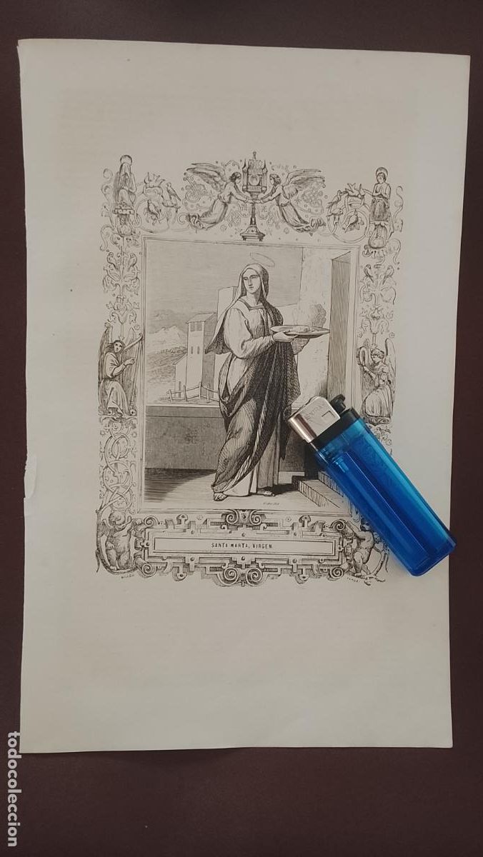 Arte: plancha Grabado LITOGRAFICO religioso del a&ntilde;o 1849 - Santa Marta virgen