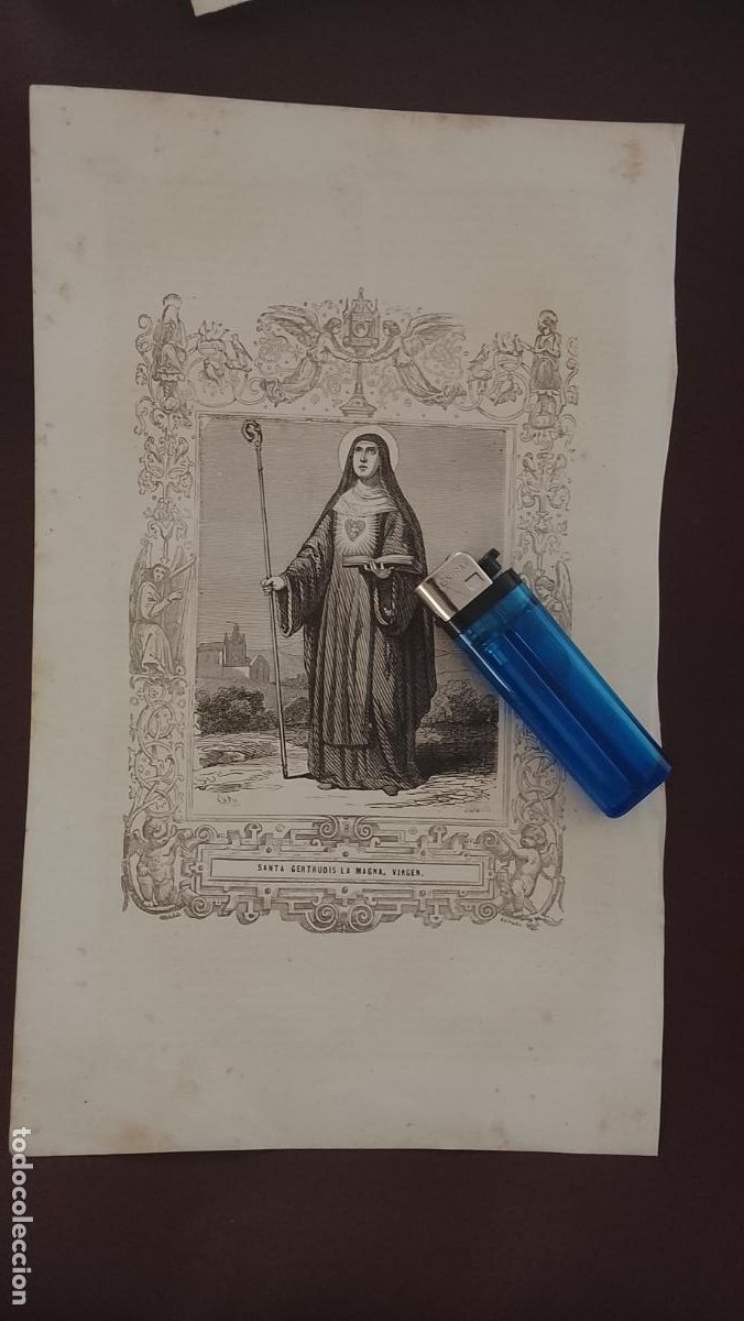 Arte: plancha Grabado LITOGRAFICO religioso del a&ntilde;o 1849 - SANTA GERTRUDIS LA MAGNA