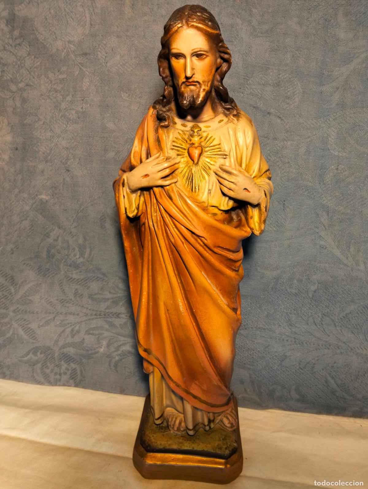 Art: Antigua figura escultura del sagrado coraz&oacute;n de Jes&uacute;s con marca, de madera y estuco marca L a&ntilde;os 50