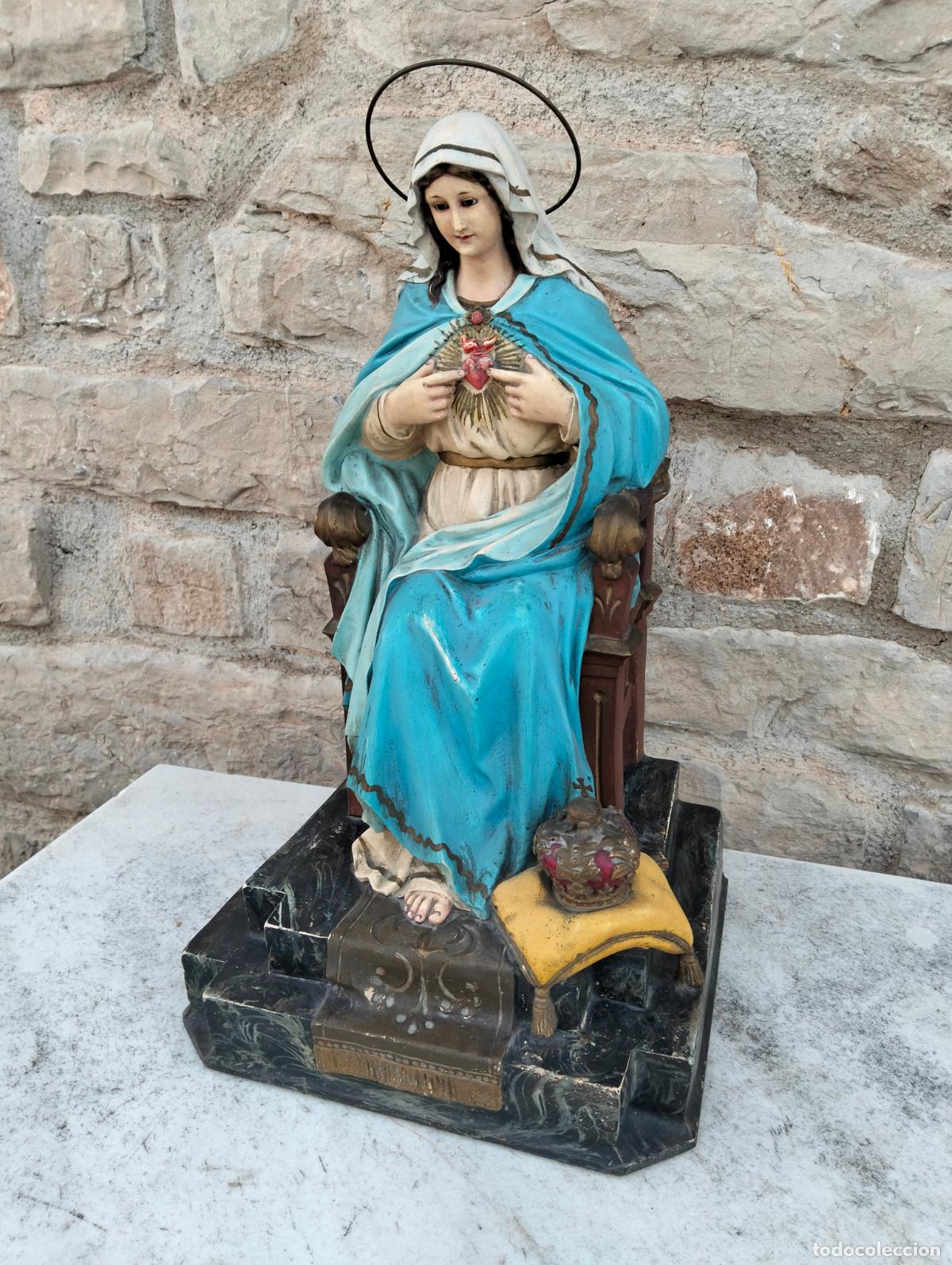 Arte: Antigua figura escultura de madera pasta sagrado coraz&oacute;n de Mar&iacute;a Virgen en trono Olot arte olotense