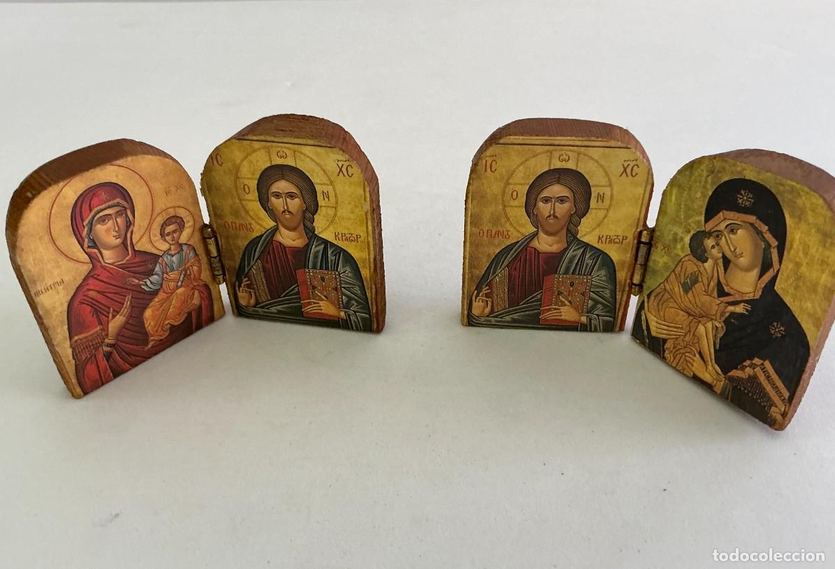 Arte: Pareja de D&iacute;pticos Religiosos de Viaje. Iconos Bizantinos en Madera Tallada y Pirograbada. S. XX