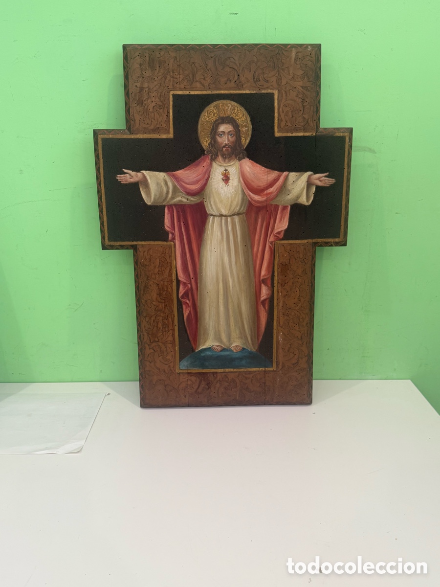 Arte: Sagrado Coraz&oacute;n de Jes&uacute;s sobre madera &ndash; Escuela antigua, siglo XVIII-XIX (68 x 46 cm)