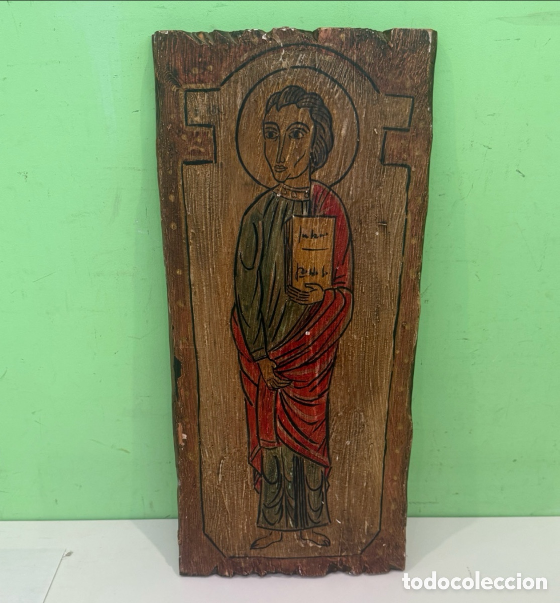 Arte: Icono religioso de santa pintado sobre tabla de madera &ndash; Siglo XIX / principios del XX (50 x 22 cm)