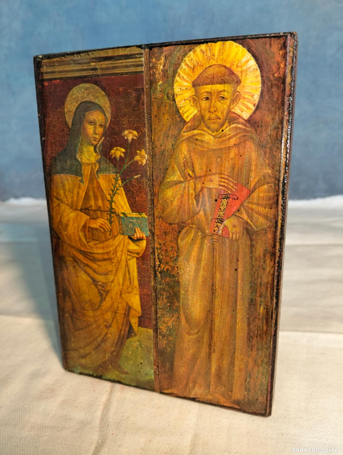Arte: Antiguo icono religioso en madera imagen San Francisco y Santa Clara de As&iacute;s
