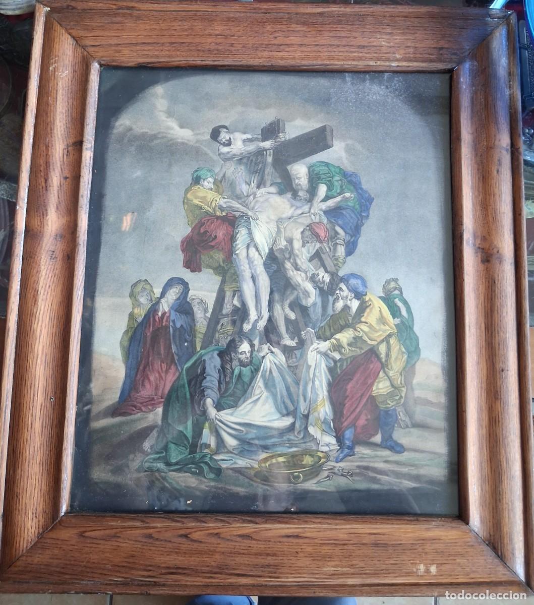 Arte: El Descendimiento de Cristo antigua litografia coloreada segun la obra del pintor Jean Jouvenet