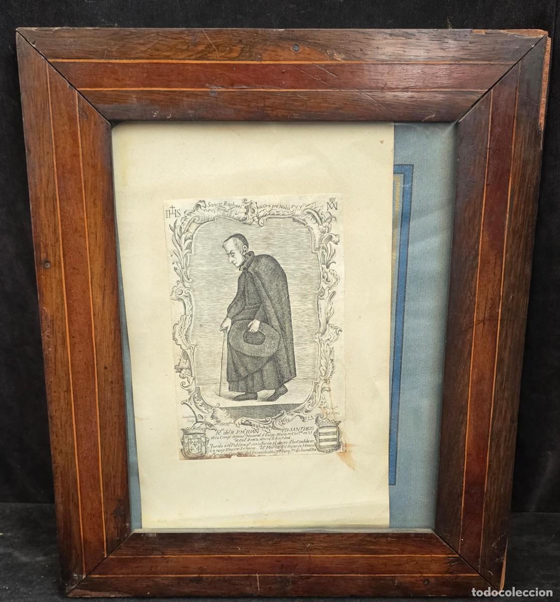 Arte: Antiguo Grabado Religioso de San Rafael &ndash; Estampa Devocional Barroca Enmarcada &ndash; Marco de Madera