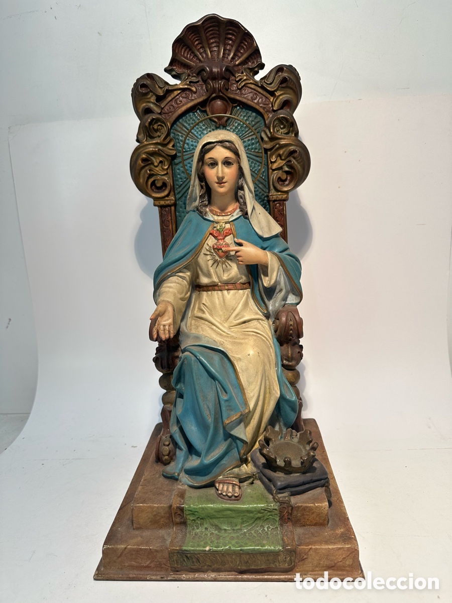 Arte: SAGRADO CORAZON DE MARIA ENTRONIZADA DE PASTA MADERA Y OJOS DE CRISTAL. ARTE CRISTIANO OLOT 48CM.