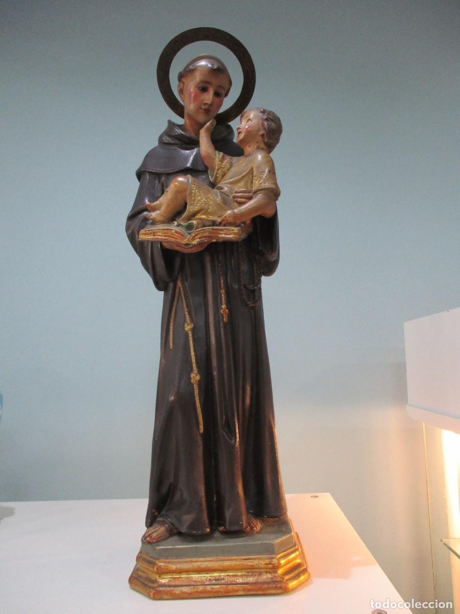 Arte: FIGURA / ESCULTURA - SAN ANTONIO DE PADUA CON NI&Ntilde;O A&Ntilde;OS 40 - OLOT - OJOS DE CRISTAL - 52 CM