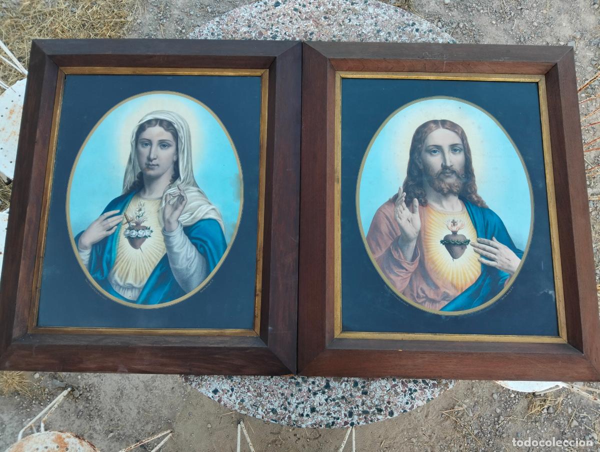 Arte: Pareja de cuadros antiguos con marco dorado litograf&iacute;as francesas Sagrado coraz&oacute;n de Jes&uacute;s y Mar&iacute;a