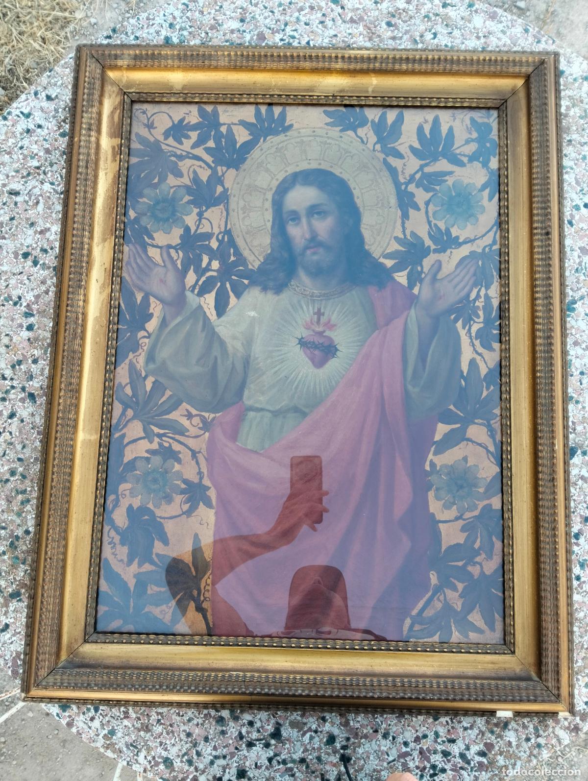 Arte: Antiguo cuadro pintado pintura al oleo del Sagrado Coraz&oacute;n de Jes&uacute;s marco dorado Andreu Noguera SXIX