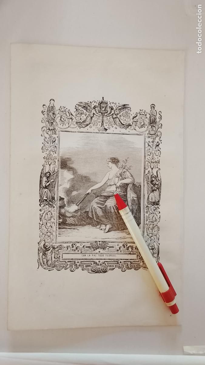Arte: plancha Grabado LITOGRAFICO religioso del a&ntilde;o 1849 - CON LA PAZ TODO FLORECE