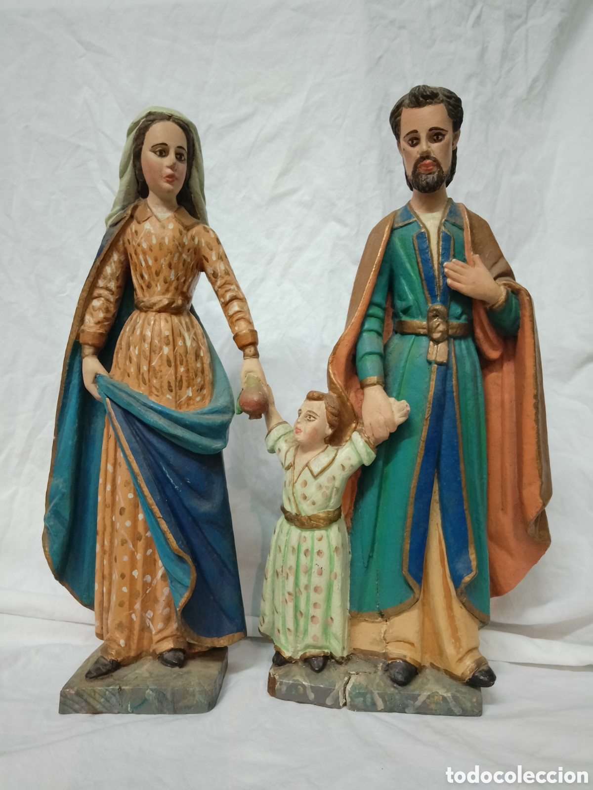 Arte: Antigua Sagrada Familia en Talla de Madera Policromada - 2 Piezas Independientes - 40 cm