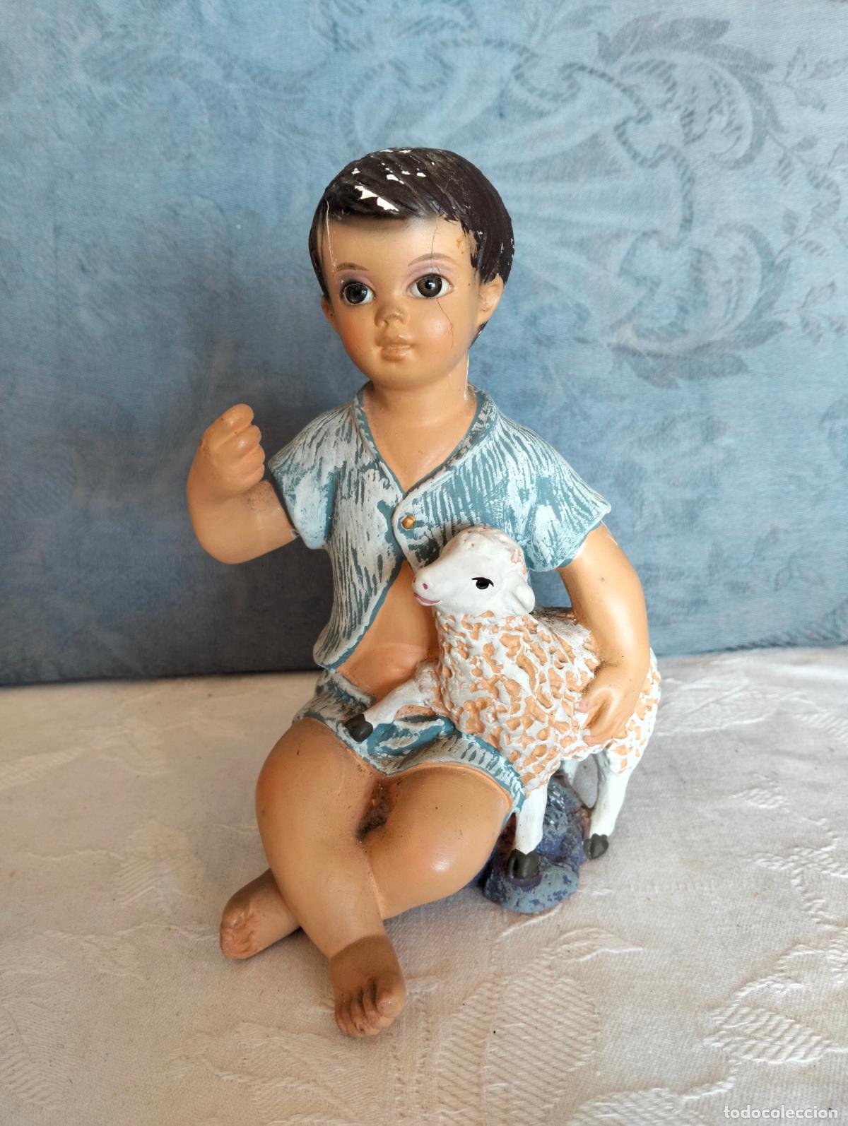 Arte: Figura decorativa de Jes&uacute;s o San Juan con cordero en brazos ni&ntilde;o a&ntilde;os 50-60