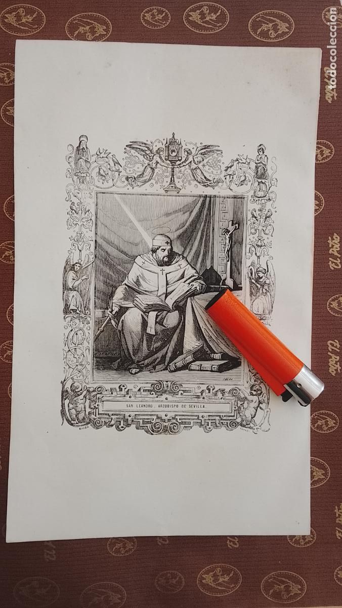 Arte: plancha Grabado LITOGRAFICO religioso del a&ntilde;o 1849 - SAN LEANDRO ARZOBISPO DE SEVILLA