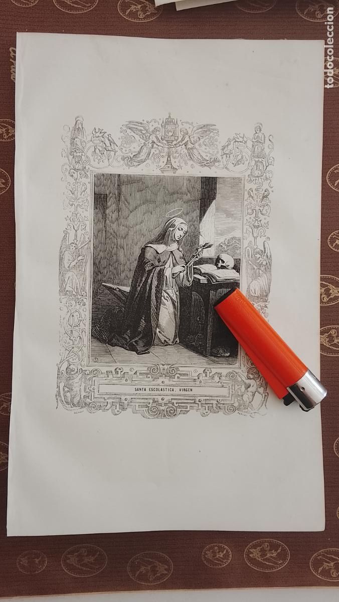 Arte: plancha Grabado LITOGRAFICO religioso del a&ntilde;o 1849 - SANTA ESCOLASTICA VIRGEN