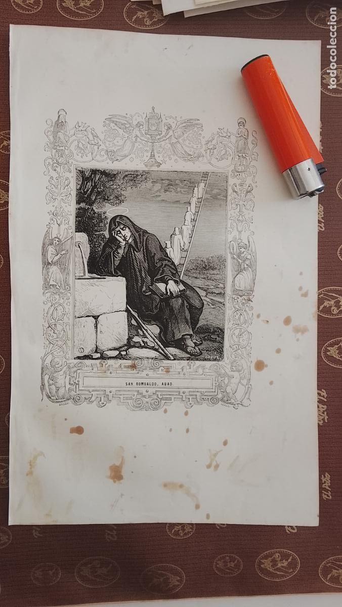 Arte: plancha Grabado LITOGRAFICO religioso del a&ntilde;o 1849 - EL ABAD SAN ROMUALDO - VER MANCHAS EN FOTO
