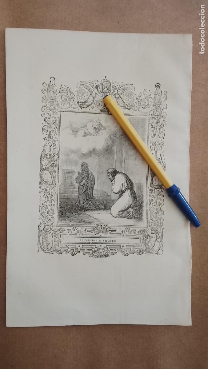 Art: plancha Grabado LITOGRAFICO religioso del a&ntilde;o 1849 - EL FARISEO Y EL PUBLICANO