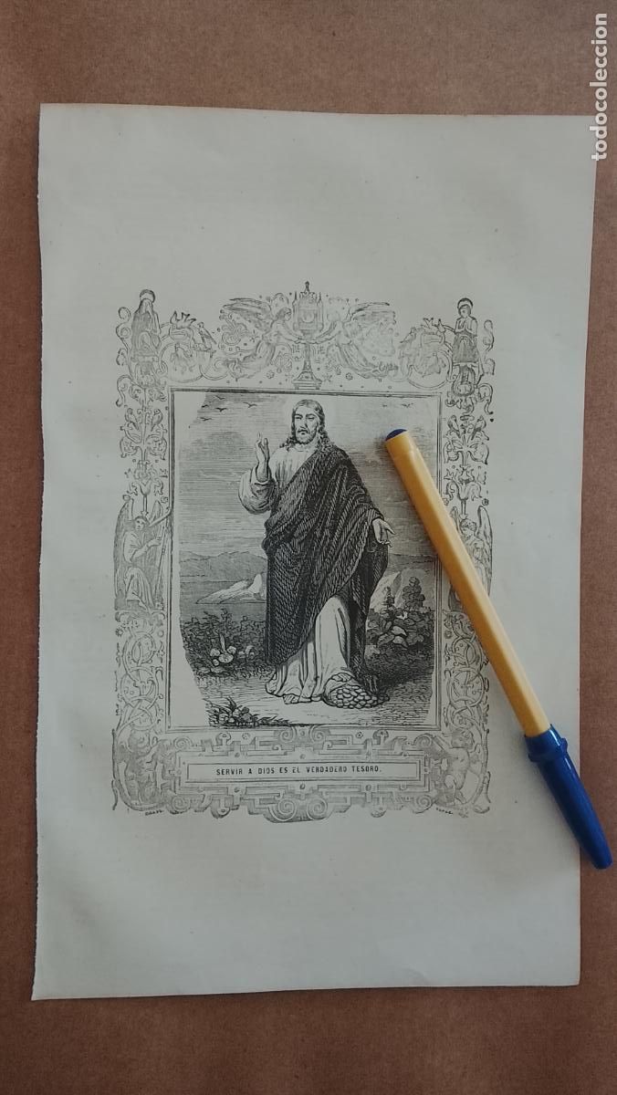 Arte: plancha Grabado LITOGRAFICO religioso del a&ntilde;o 1849 - CRISTO - SERVIR A DIOS ES EL VERDADERO TESORO