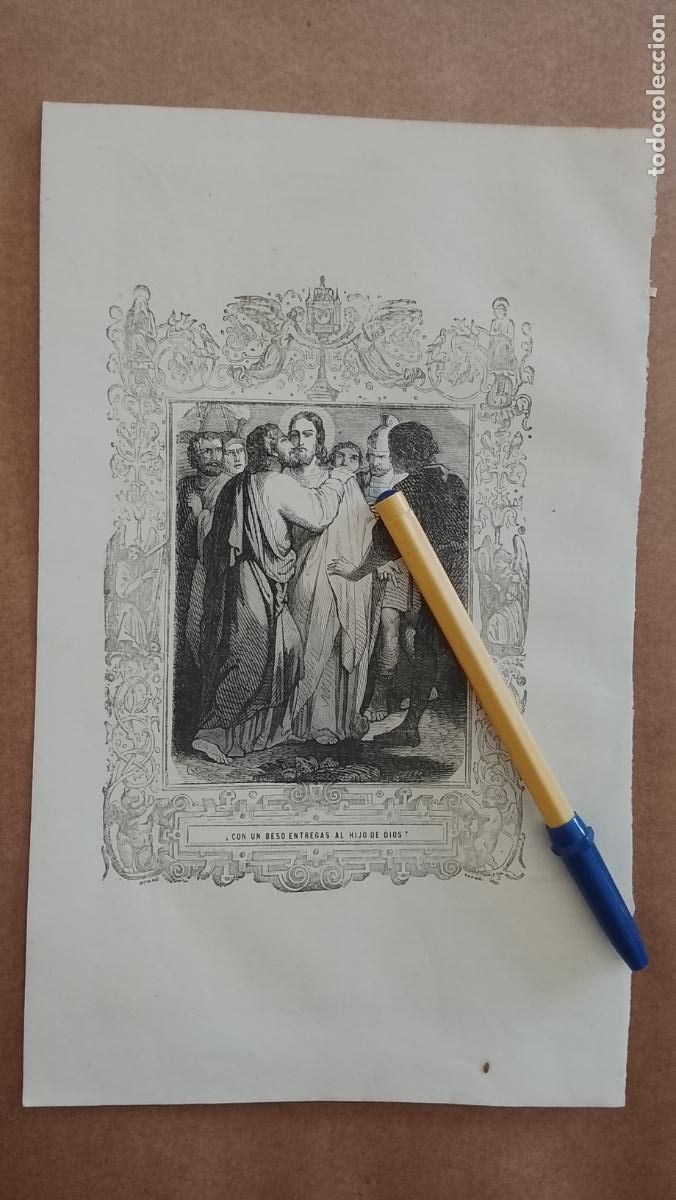 Arte: plancha Grabado LITOGRAFICO religioso del a&ntilde;o 1849 - CON UN BESO ENTREGAS AL HIJO DE DIOS