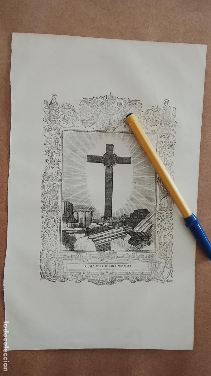 Arte: plancha Grabado LITOGRAFICO religioso del a&ntilde;o 1849 - CRUZ - TRIUNFO DE LA RELIGION CRISTIANA