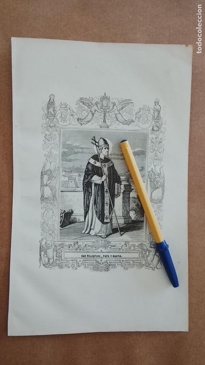Arte: plancha Grabado LITOGRAFICO religioso del a&ntilde;o 1849 - ... EL PAPA SAN TELESFORO