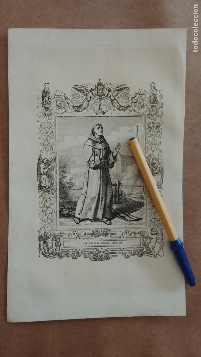 Arte: plancha Grabado LITOGRAFICO religioso del a&ntilde;o 1849 - SAN PASCUAL BAILON