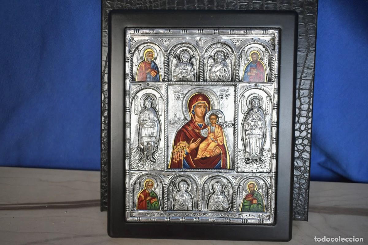 Arte: Magnifico icono Bizantino Virgen Maria con Ni&ntilde;o Jesus y Santos en plata de ley 950
