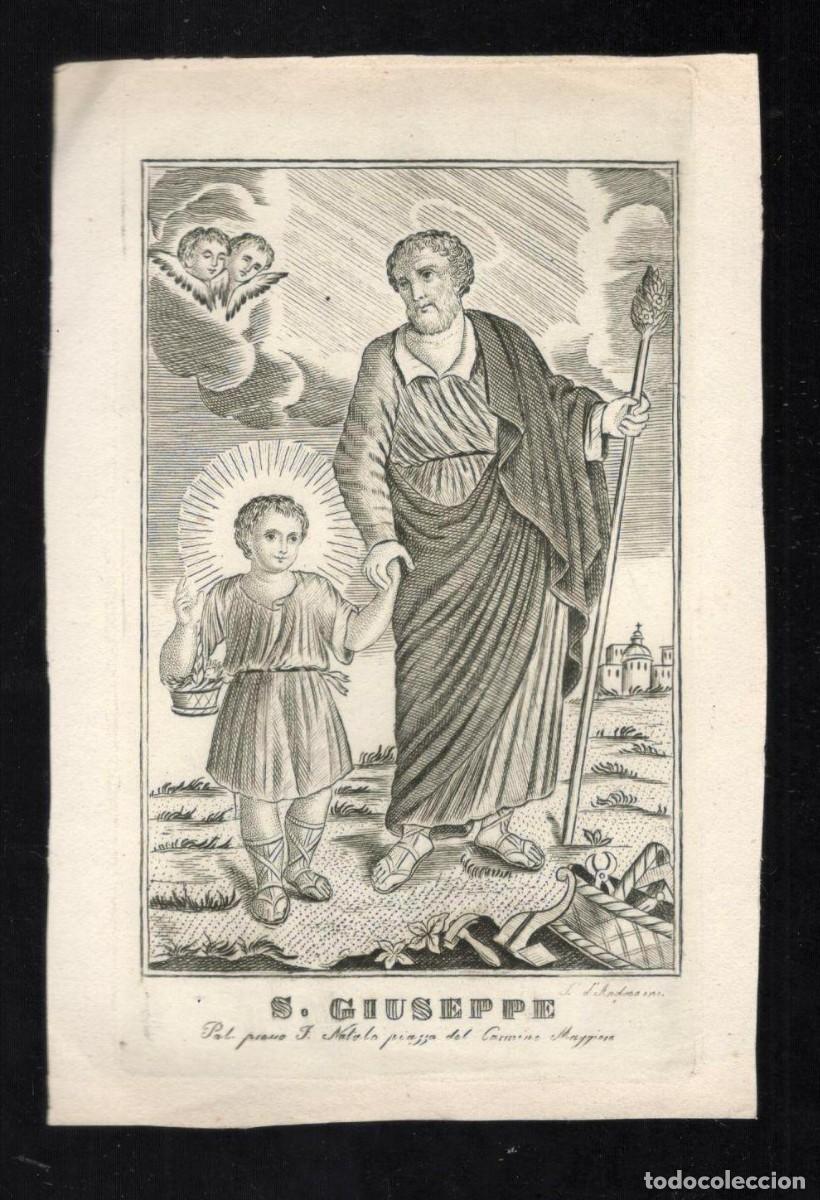 Arte: Grabado Siglo XIX - S. Giuseppe (San Jos&eacute; guiando al Ni&ntilde;o) - Impr. F. Natale, Palermo