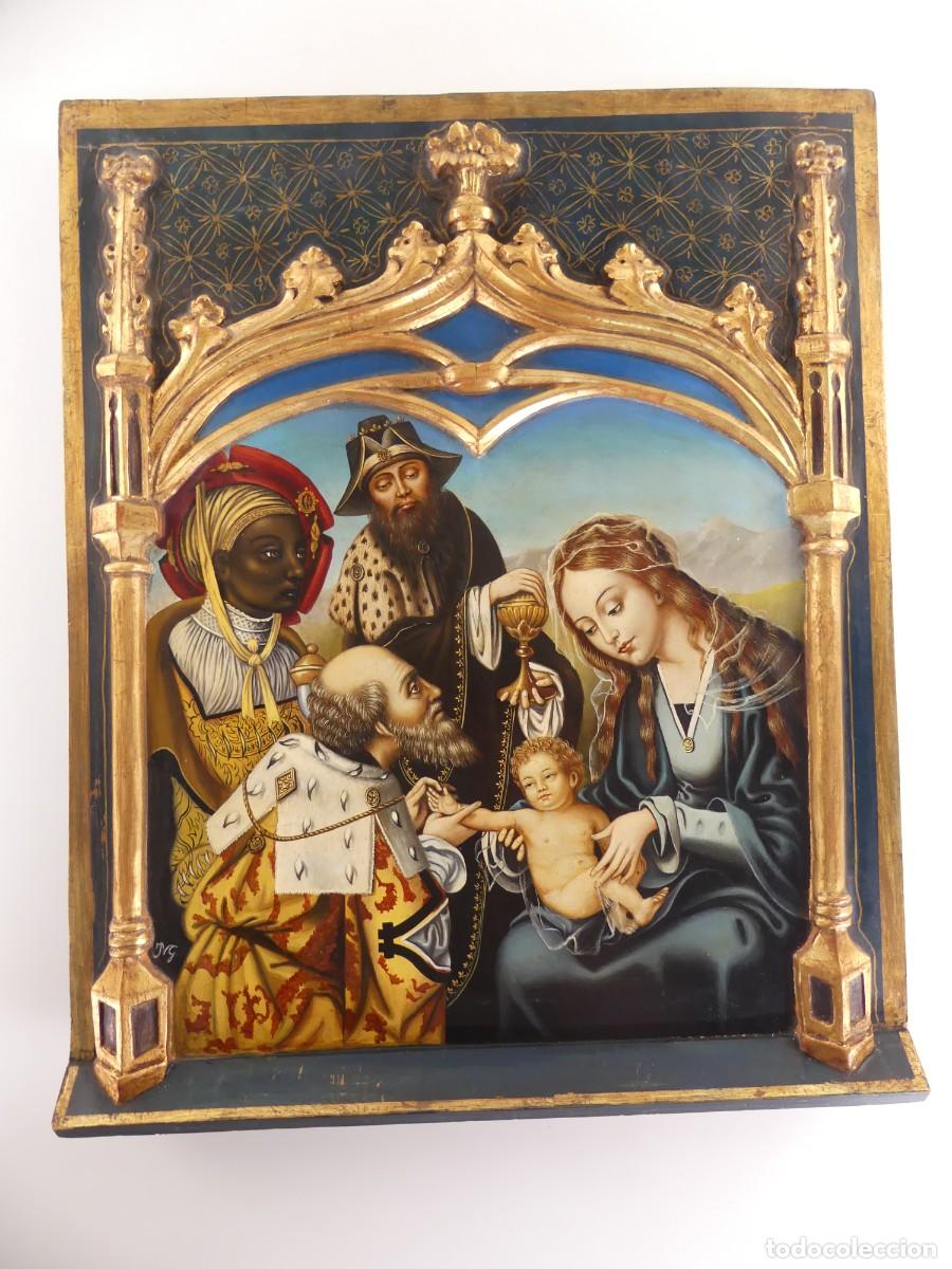 Arte: PINTURA DE OLEO SOBRE TABLA ESCENA DE ADORACION DE LOS REYES