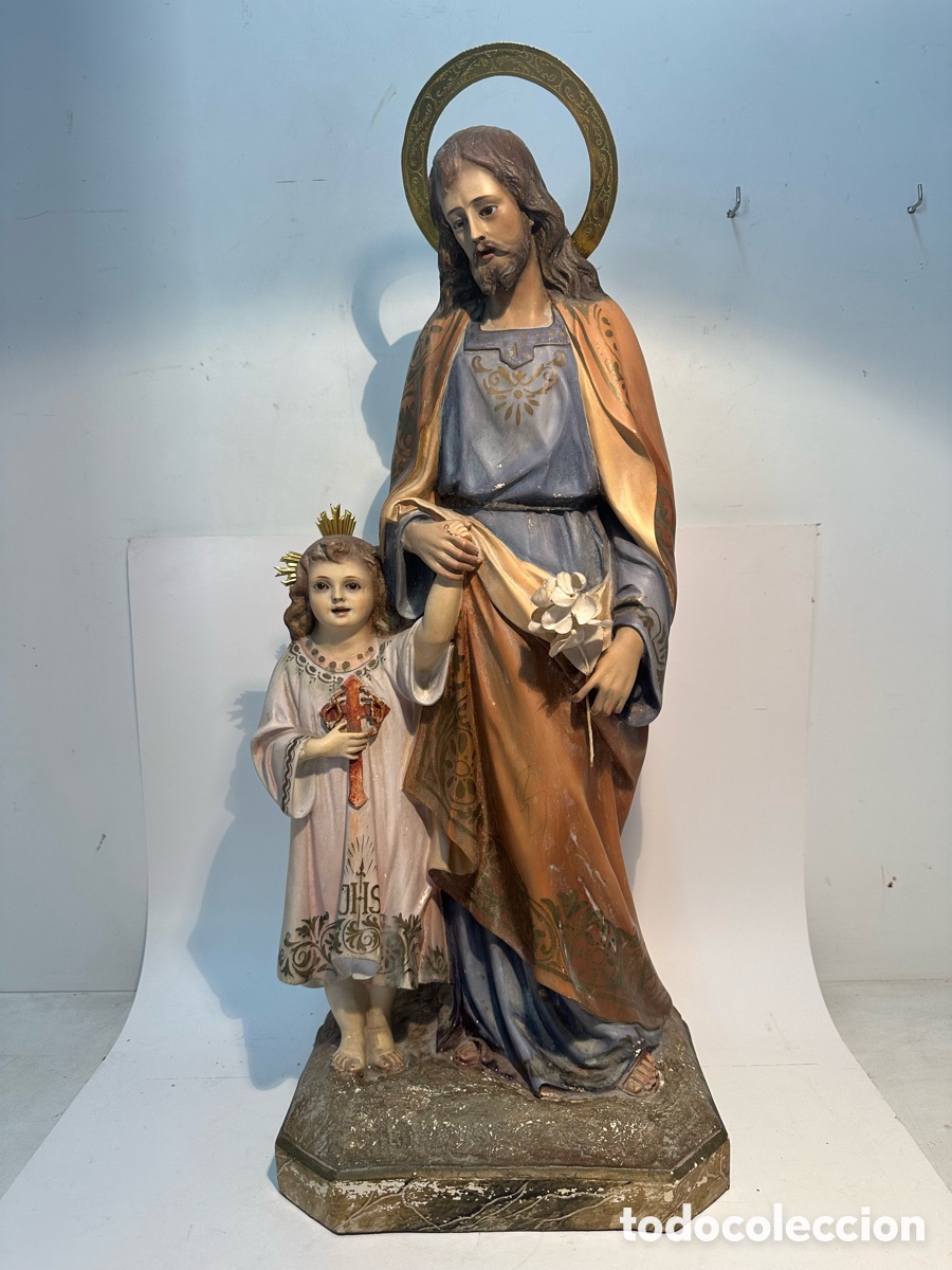 Arte: ANTIGUA IMAGEN DE SAN JOSE Y NI&Ntilde;O JESUS DE ESTUCO Y OJOS DE CRISTAL. MODELO OLOT. 65CM ALTURA.