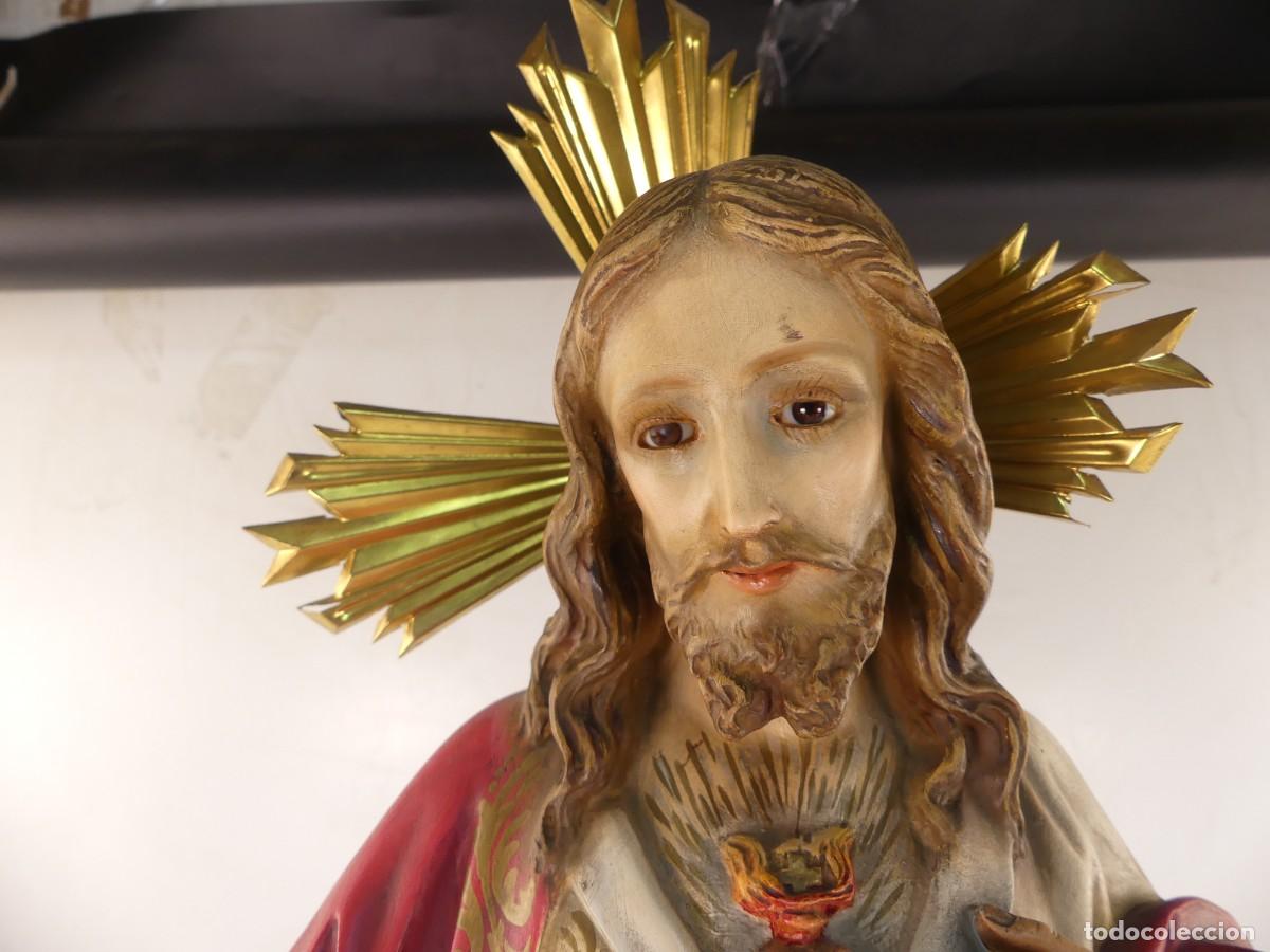 Arte: ANTIGUA FIGURA RELIGIOSA IMAGEN DE SAGRADO CORAZON SELLO DE OLOT-MEDIDA CON LA CORONA 70 CM