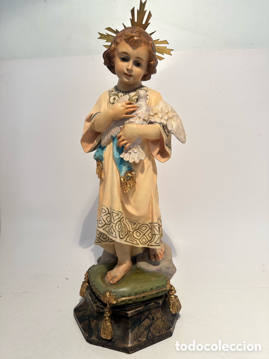 Arte: PRECIOSO NI&Ntilde;O JESUS CON PALOMA DE ESTUCO Y OJOS DE CRISTAL. MODELO OLOT. 40CM.