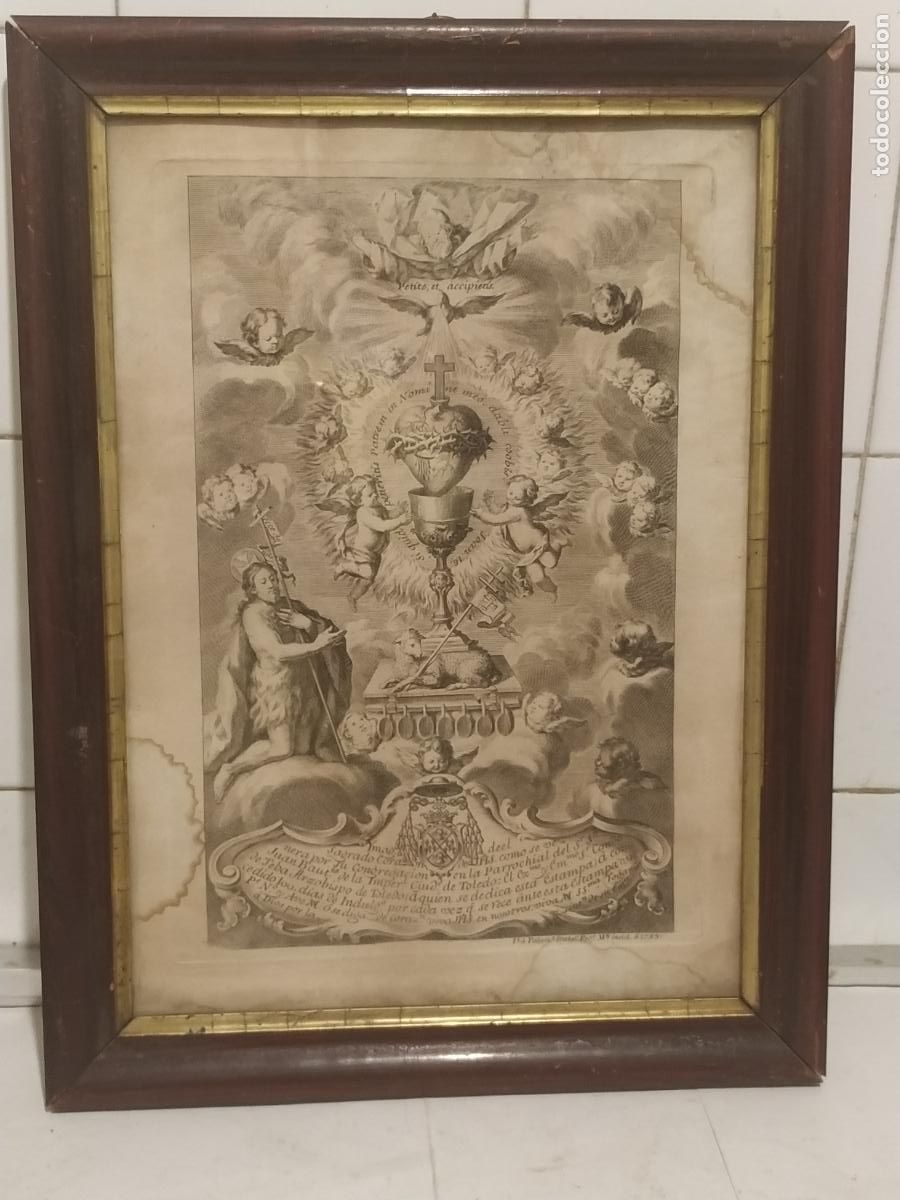 Arte: Grabado Coraz&oacute;n Jes&uacute;s San Juan Bautista Toledo Con indulgencias Palomino 1759