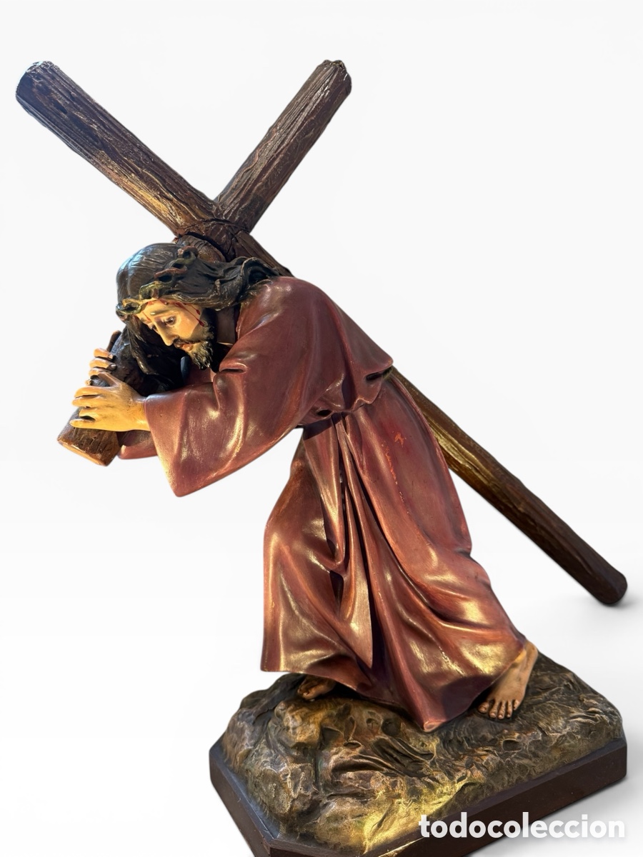 Arte: Nazareno de Olot antiguo 55 x 62 cm &ndash; Imagen religiosa policromada &ndash; Arte Sacro