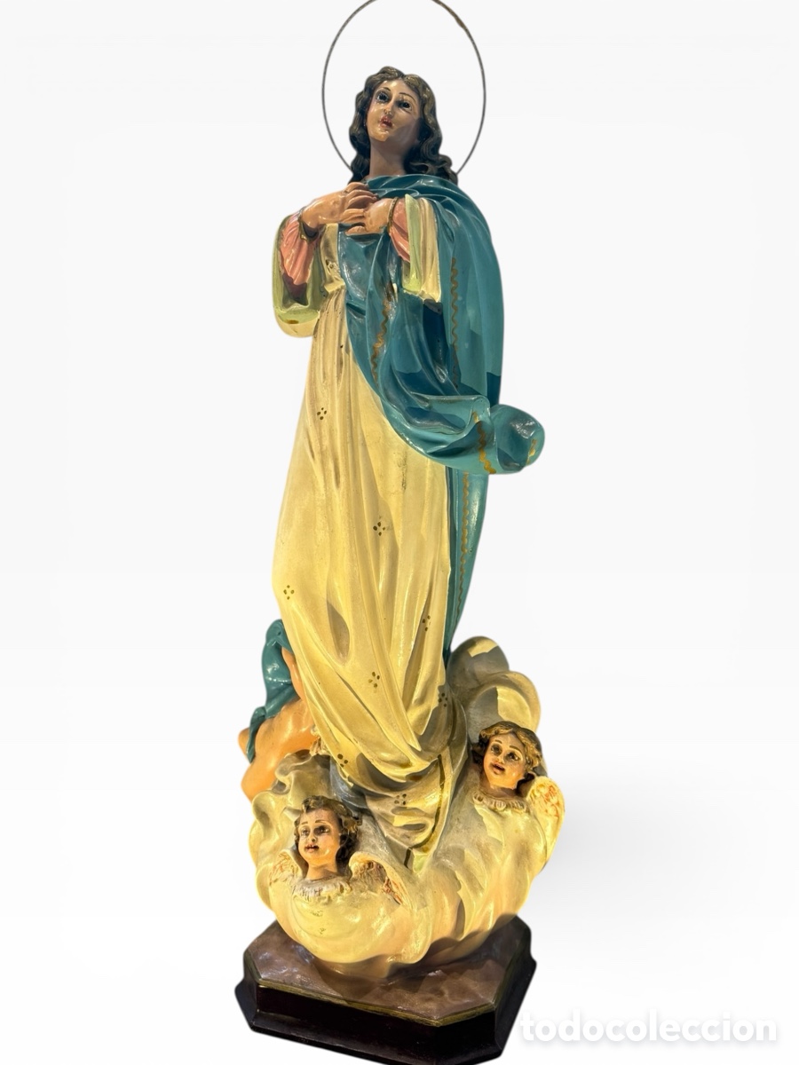 Arte: Virgen Inmaculada Concepci&oacute;n Arte de Olot 64 cm pasta de madera policromada con sello origina
