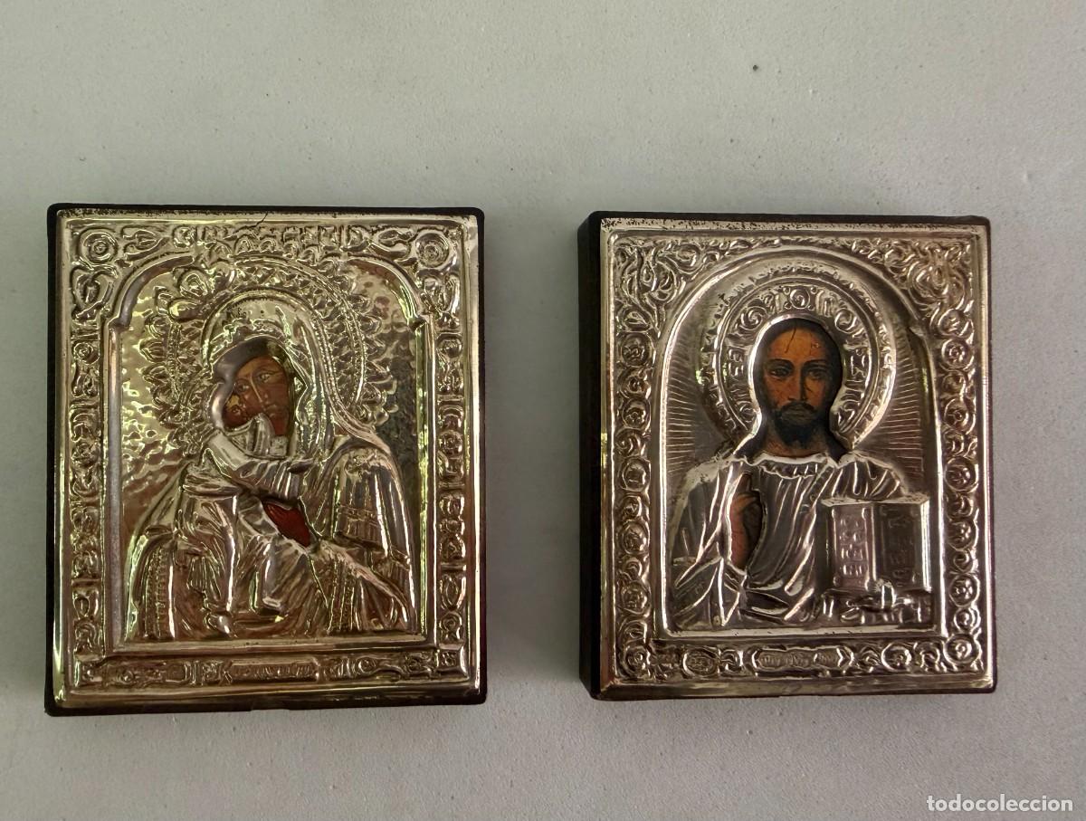 Arte: Pareja de iconos bizantinos Cristo Pantocr&aacute;tor y Virgen con Ni&ntilde;o, plata 1.&ordf; ley