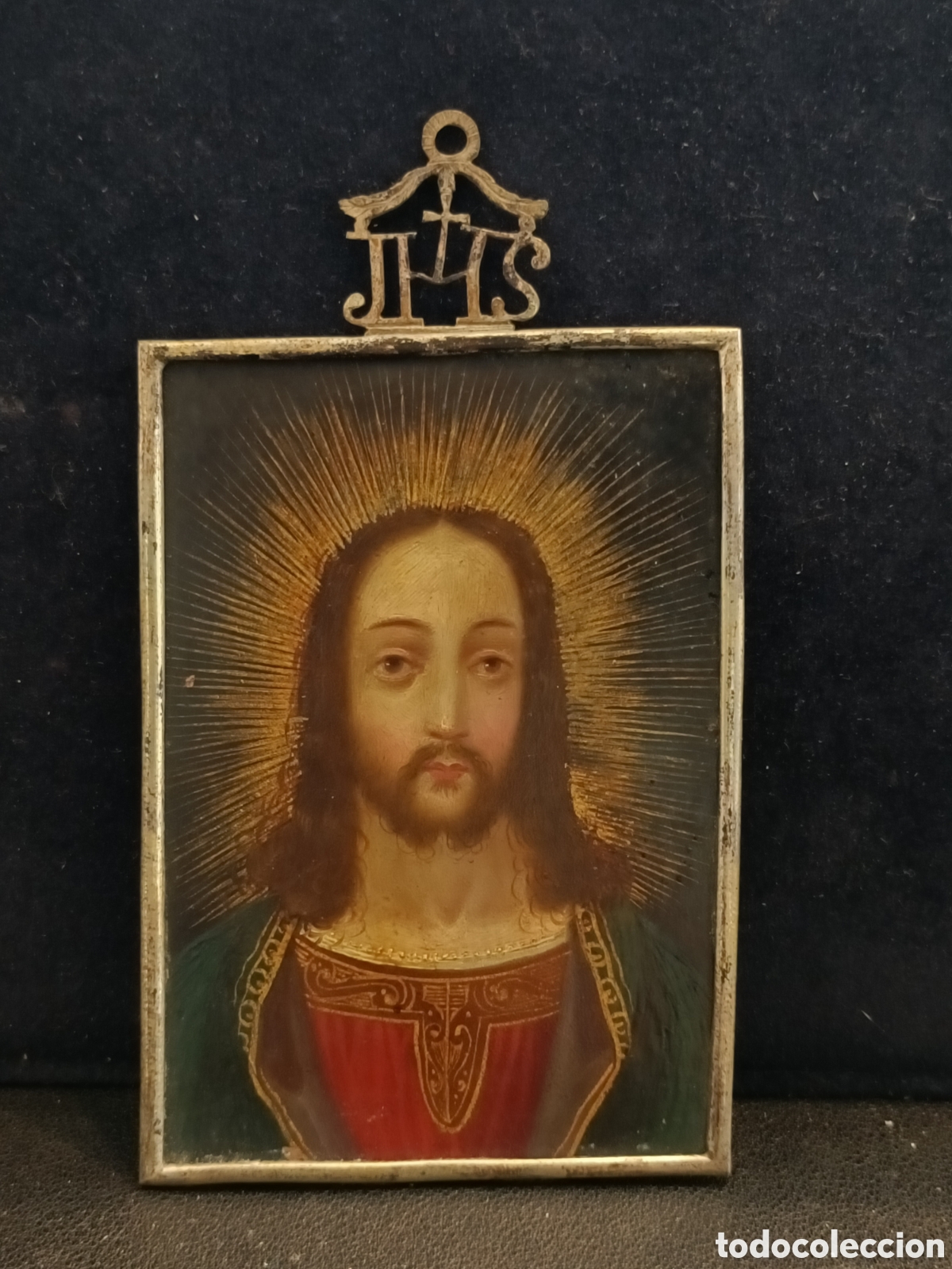 Arte: Peque&ntilde;o cobre del XVIII, figura de Cristo con marco de plata de la &eacute;poca.