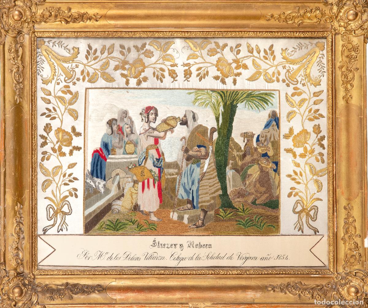 Arte: Eliezer y Rebeca bordado en seda con hilo de oro y plata M&ordf; Dolores Velunza Colegio de Vergara 1854