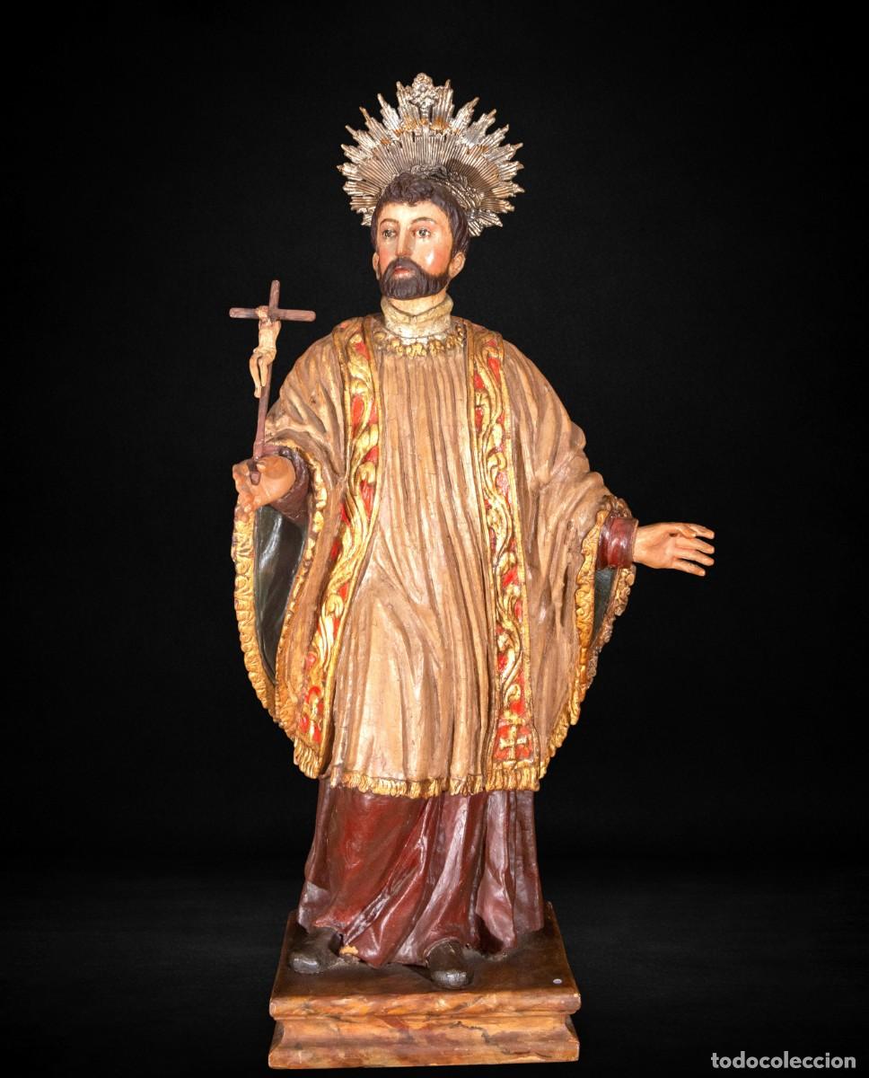 Arte: San Francisco Javier talla en madera policromada Virreinato Per&uacute; siglo XVIII